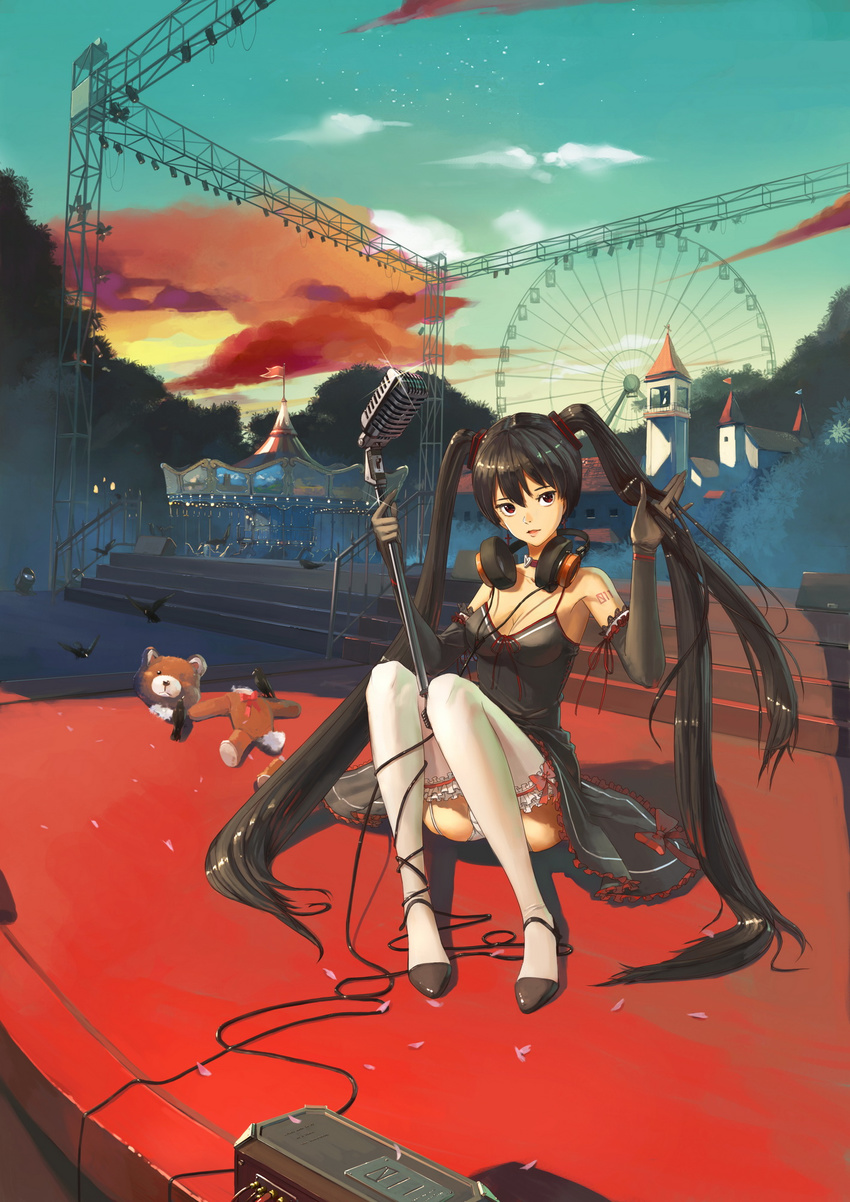 bird black_hair breasts cable choker cleavage elbow_gloves ferris_wheel frilled_legwear gloves headphones highres jeanex long_hair medium_breasts microphone microphone_stand panties red_eyes sitting solo stage stuffed_animal stuffed_toy thighhighs twintails underwear very_long_hair vocaloid white_panties zatsune_miku
