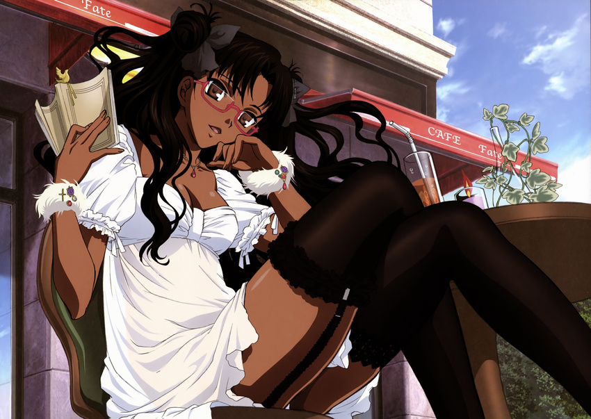 black_thighhighs book brown_eyes cleavage crossed_legs dark_skin dress fate/stay_night from_below garter_belt lace-trimmed_thighhighs legs lingerie megane nishida_asako oppai outdoors sitting stockings thighhighs tohsaka_rin