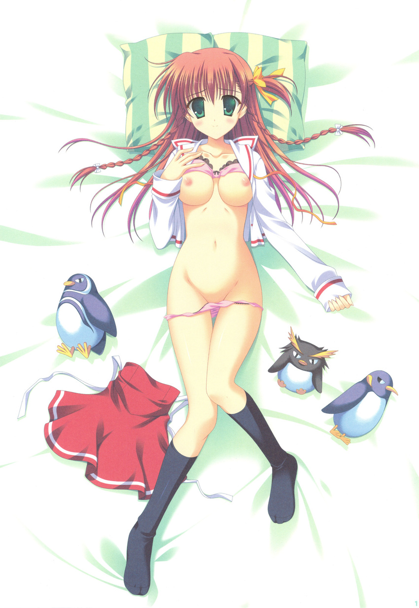 bird black_legwear bra bra_lift breasts copyright_request dress_shirt green_eyes highres lying medium_breasts naruse_mamoru nipples panties panty_pull penguin pillow pink_bra pink_panties red_hair shirt skirt skirt_removed socks underwear