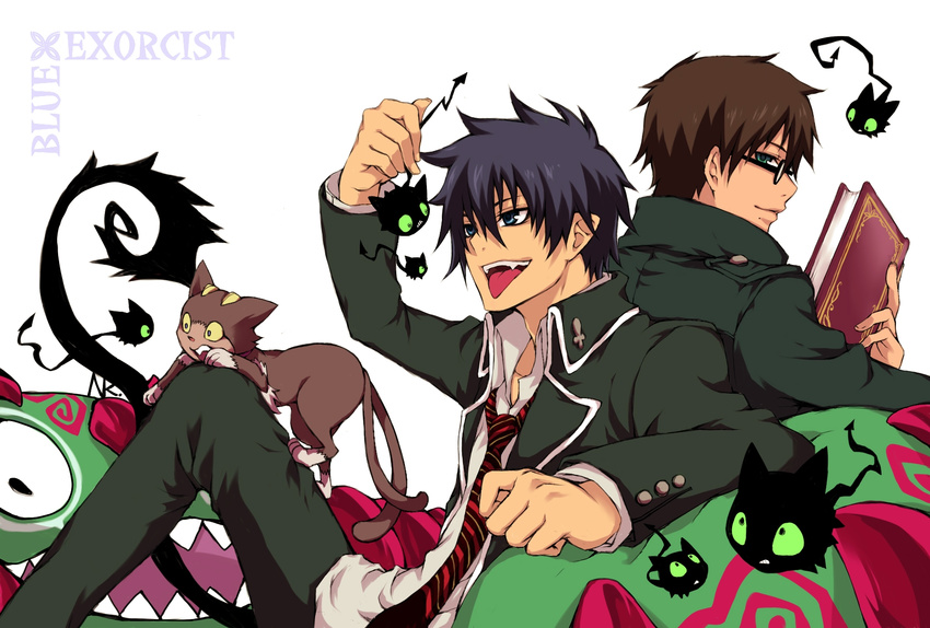 ao_no_exorcist black_hair blacky blue_eyes book cat coal_tar demon demons fangs glasses highres hobgoblins mole multiple_boys necktie okumura_rin okumura_yukio open_mouth pointy_ears tail tails tie uniform