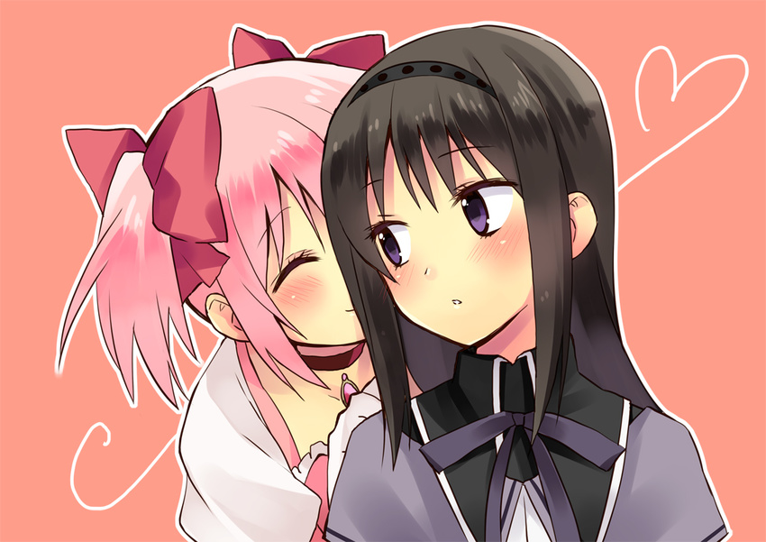 ^_^ akemi_homura black_hair blush closed_eyes hairband happy heart hijiki_(hijikini) kaname_madoka long_hair magical_girl mahou_shoujo_madoka_magica multiple_girls pink_hair purple_eyes short_twintails simple_background smile twintails upper_body yuri