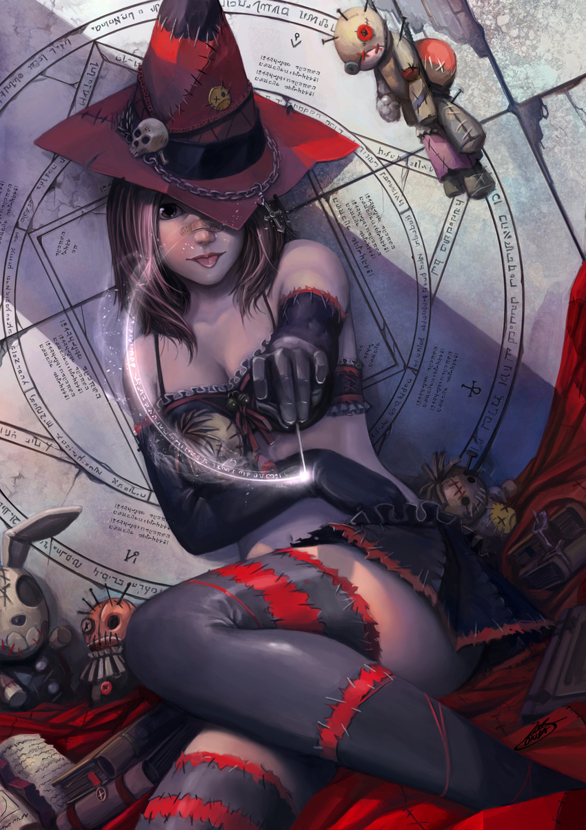 :p bandages book brown_eyes brown_hair cross doll elbow_gloves gloves hat highres magic_circle okita original sitting skirt skull solo striped striped_legwear thighhighs tongue tongue_out witch_hat