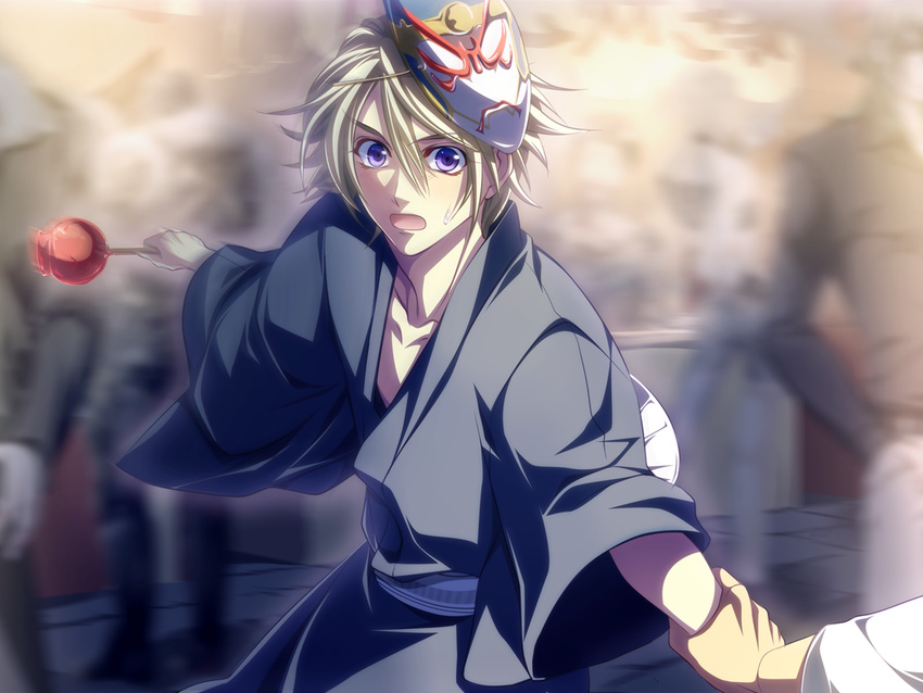 bad_id bad_pixiv_id blonde_hair candy_apple food ivan_karelin japanese_clothes killingrock male_focus mask motion_blur origami_cyclone purple_eyes solo tiger_&amp;_bunny