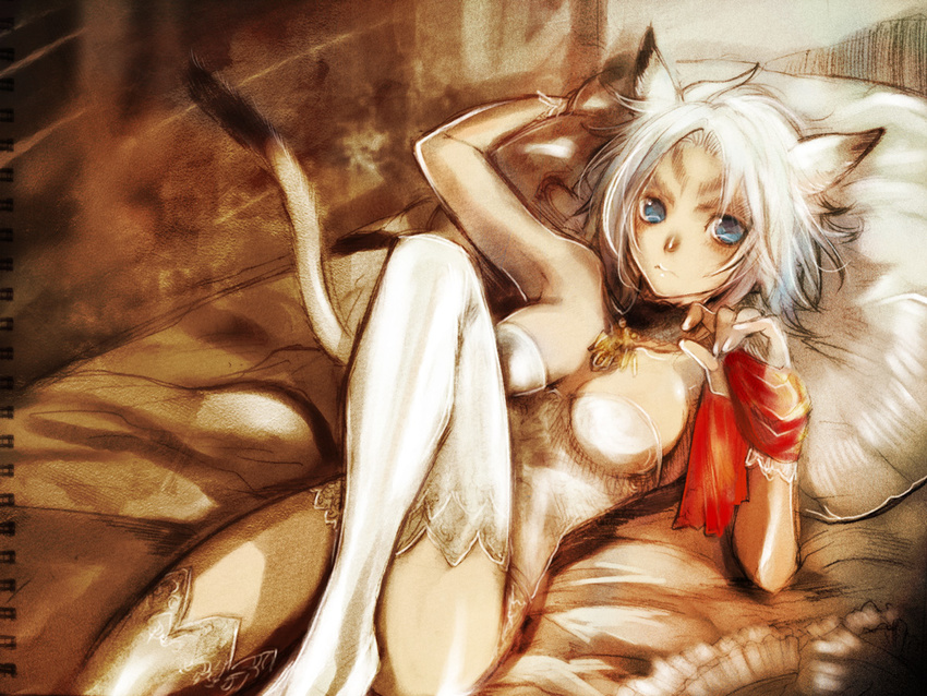 animal_ears bed blue_eyes breasts cat_ears cat_tail doraeshi final_fantasy final_fantasy_xi legs lying medium_breasts mithra pillow scan scan_artifacts silver_hair solo tail teddy thighhighs