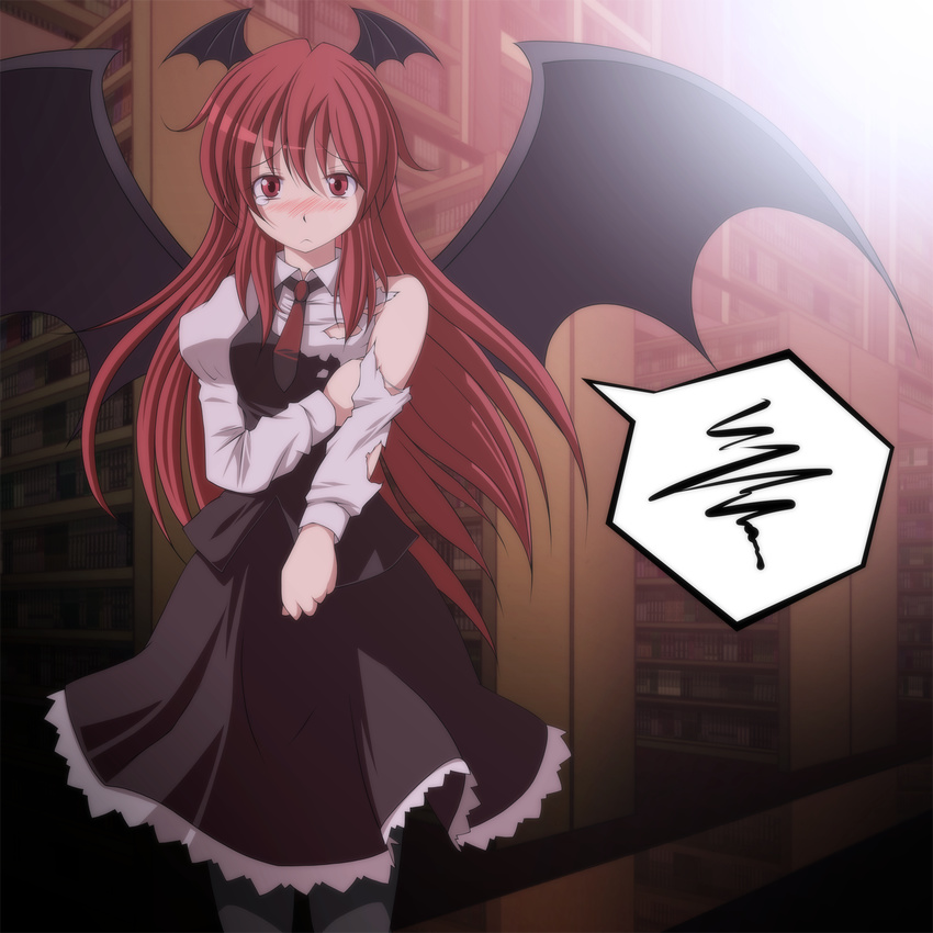 :&lt; bad_id bad_pixiv_id bat_wings black_legwear blush book bookshelf dress_shirt frills head_wings highres koakuma library long_hair necktie pantyhose red_eyes red_hair s-syogo shirt skirt solo speech_bubble squiggle standing tears torn_clothes touhou vest voile wings