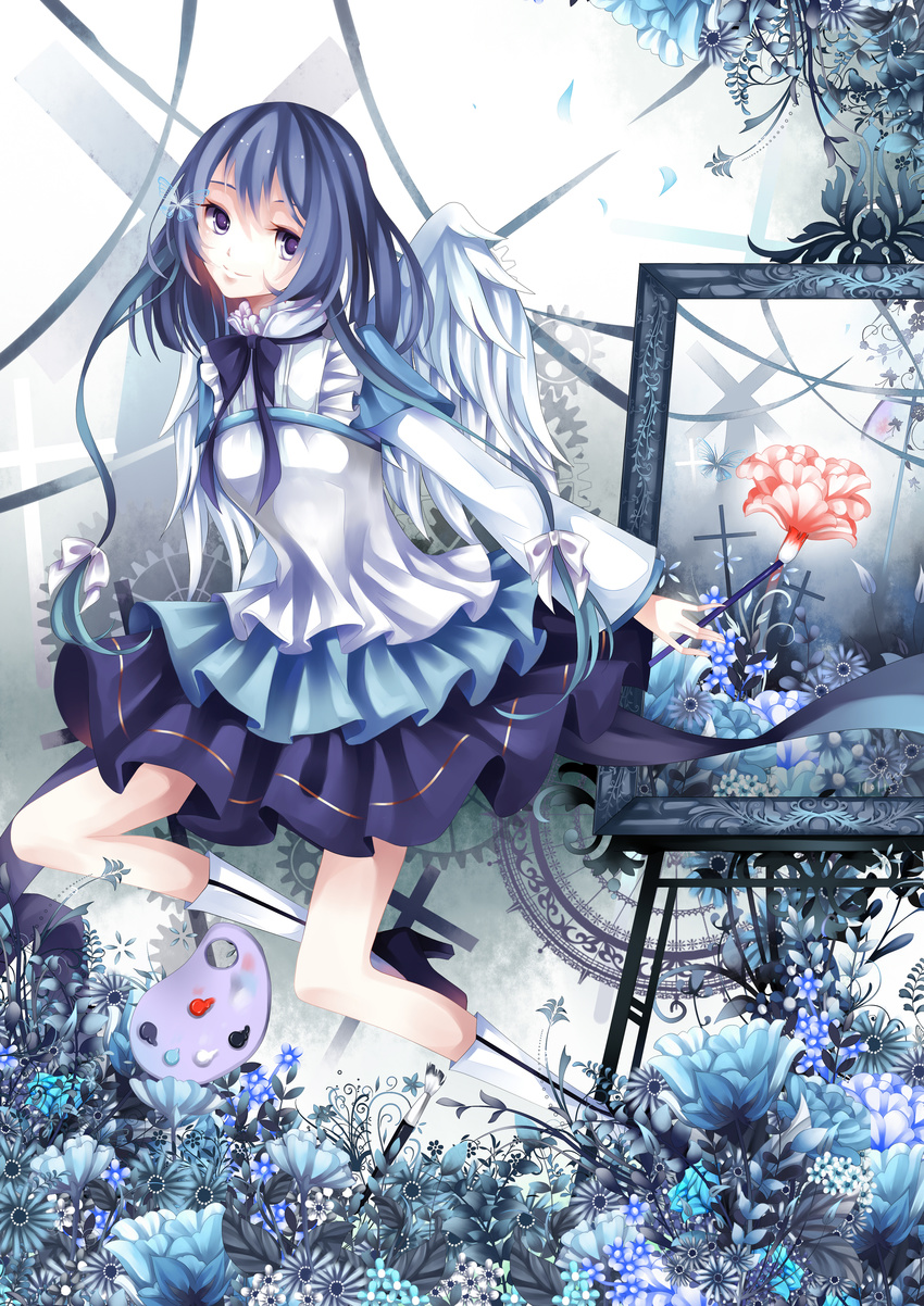 absurdres art_brush bad_id bad_pixiv_id blue_hair dress easel flower highres oekaki_musume original paintbrush painting painting_(object) palette purple_eyes solo stari wings