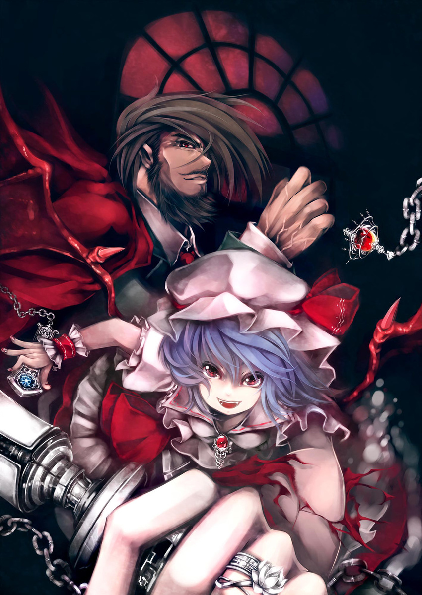 :d bat_wings beard blue_hair brooch brown_hair cape chain crossover facial_hair fangs fingernails foreshortening guilty_gear hands hat hat_ribbon highres jewelry multiple_girls mustache nail_art open_mouth red_eyes remilia_scarlet ribbon ring serizawa_mutsuki short_hair slayer_(guilty_gear) smile touhou veins wings