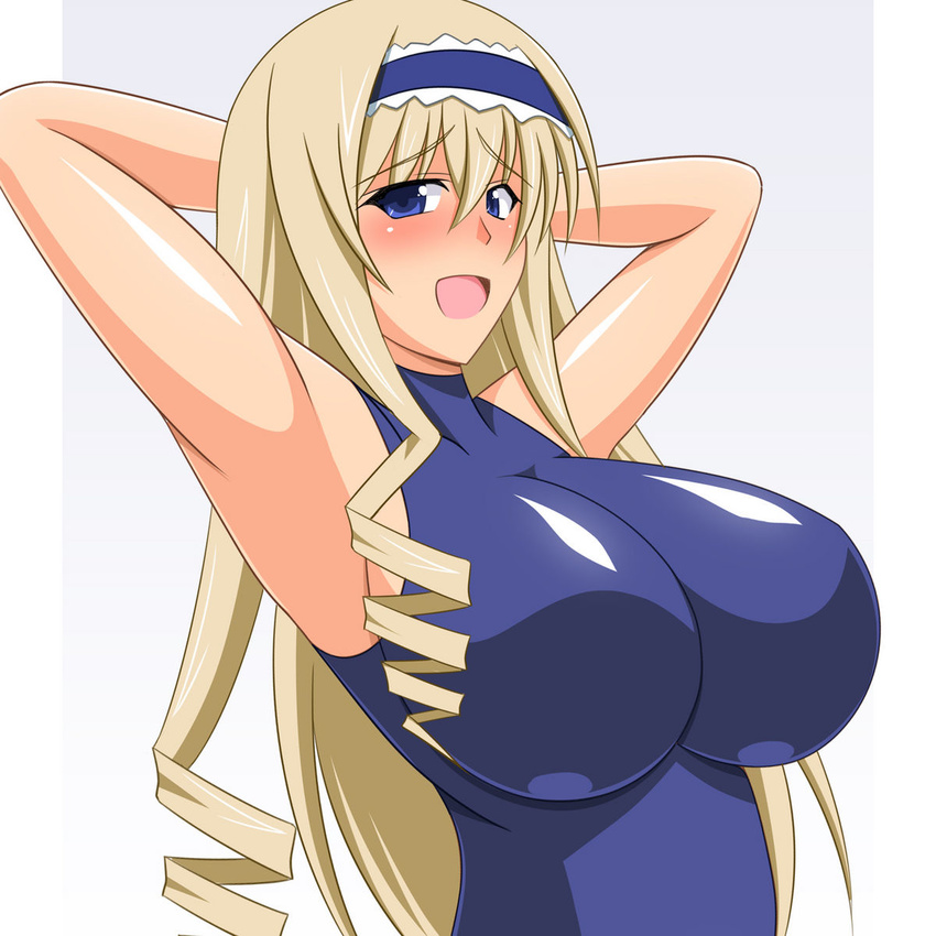 1girl _hair blonde_hair blue_eyes blush breasts cecilia_alcott cleavage drill headband highres huge_breasts infinite_stratos long_hair smile solo swimsuit