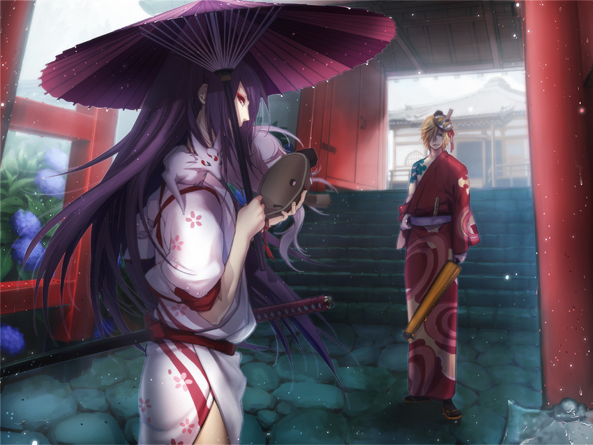 androgynous architecture black_hair blonde_hair east_asian_architecture flynn_scifo fox japanese_clothes katana long_hair male_focus mask multiple_boys off_shoulder oriental_umbrella profile purple_hair rain red_eyes short_hair sword tales_of_(series) tales_of_vesperia umbrella weapon yamada_rokkaku yuri_lowell