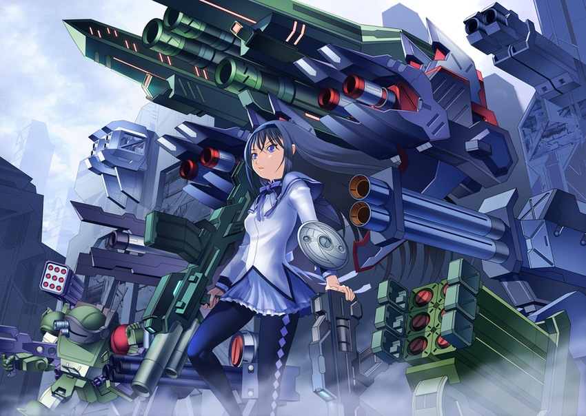 akemi_homura black_hair black_legwear blue_eyes cannon gun hairband long_hair magical_girl mahou_shoujo_madoka_magica mecha missile pantyhose rocket_launcher scopedog shiba_tomori skirt solo soukou_kihei_votoms weapon