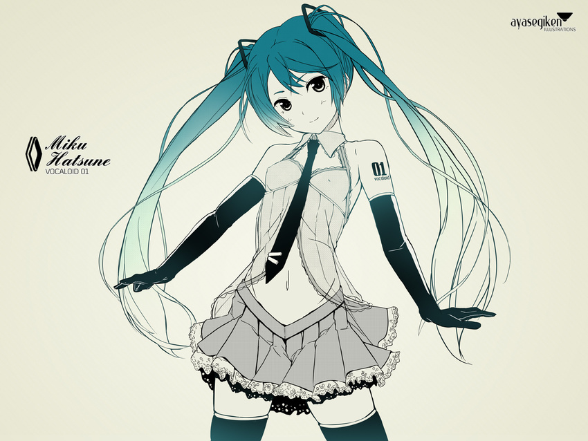 aqua_hair artist_name ayase_(ayasegiken) bangs bare_shoulders beige blush character_name cleavage_cutout covered_nipples elbow_gloves flat_chest gloves gradient gradient_background gradient_hair groin hair_ornament halterneck hatsune_miku head_tilt high_collar lace lace-trimmed_skirt light_smile long_hair looking_at_viewer low_twintails lowleg midriff miniskirt monochrome multicolored_hair navel necktie number open_clothes open_shirt pleated_skirt see-through shirt simple_background skirt smile solo spot_color tattoo thighhighs twintails very_long_hair vocaloid zettai_ryouiki