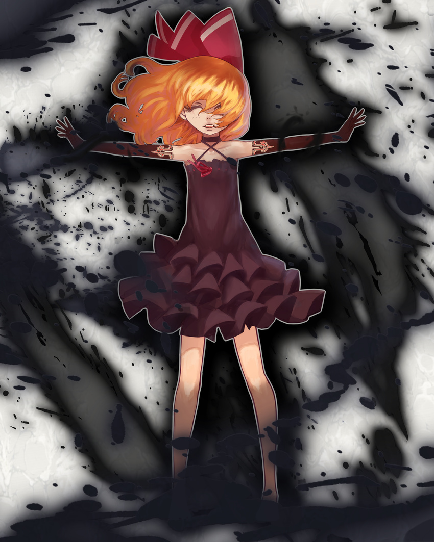 alternate_costume alternate_hair_length alternate_hairstyle bad_id bad_pixiv_id bare_shoulders black_gloves blonde_hair closed_eyes darkness dress elbow_gloves flat_chest frills gathers gloves hair_ribbon halterneck highres kansou_samehada long_hair outstretched_arms ribbon rumia solo spread_arms standing touhou