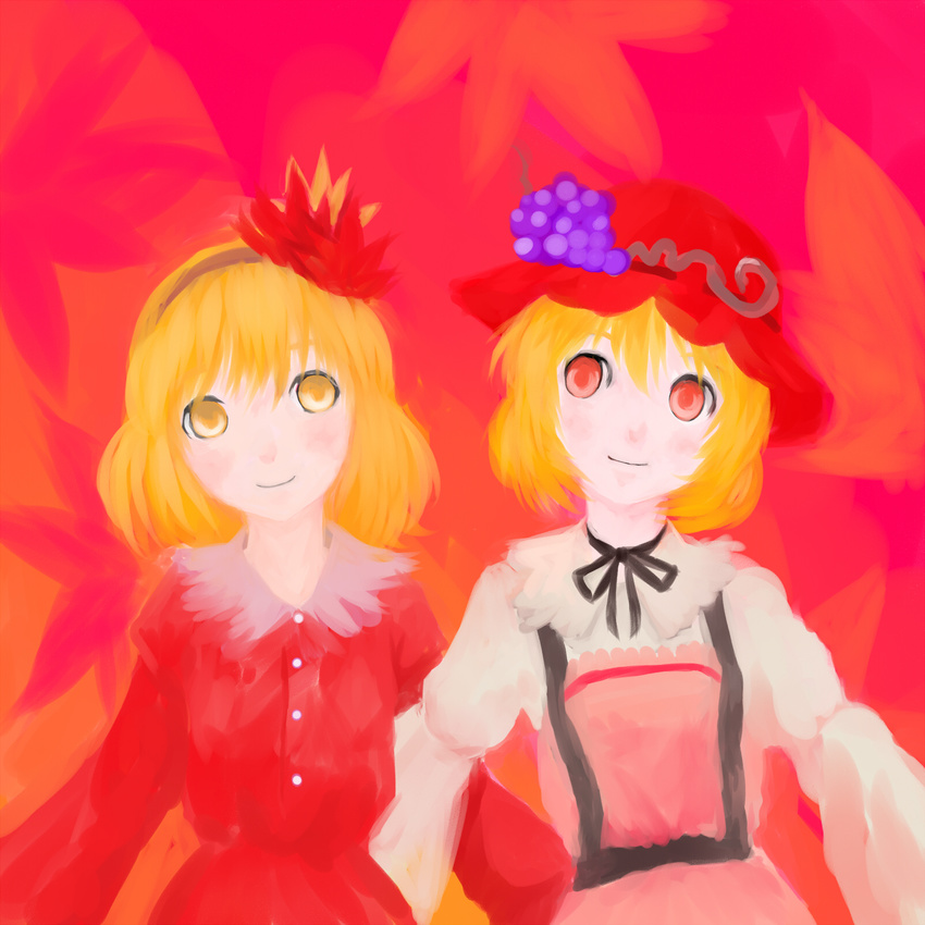 aki_minoriko aki_shizuha blonde_hair blush bow dress food fruit grapes hair_ornament hairband hat highres leaf leaf_hair_ornament multiple_girls red_eyes sakana_(packetsjp) short_hair touhou yellow_eyes