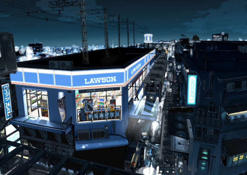 1girl absurdres air_conditioner akiko-chan bad_id bad_pixiv_id bag banner blurry bokeh building city city_lights cityscape convenience_store depth_of_field from_above ground_vehicle hair_bun headlight highres kurono_kuro lawson light_rays night night_sky original outdoors overhead_line power_lines railing scenery shirt shop short_hair shoulder_bag sign sky striped striped_shirt too_literal train translated vanishing_point window
