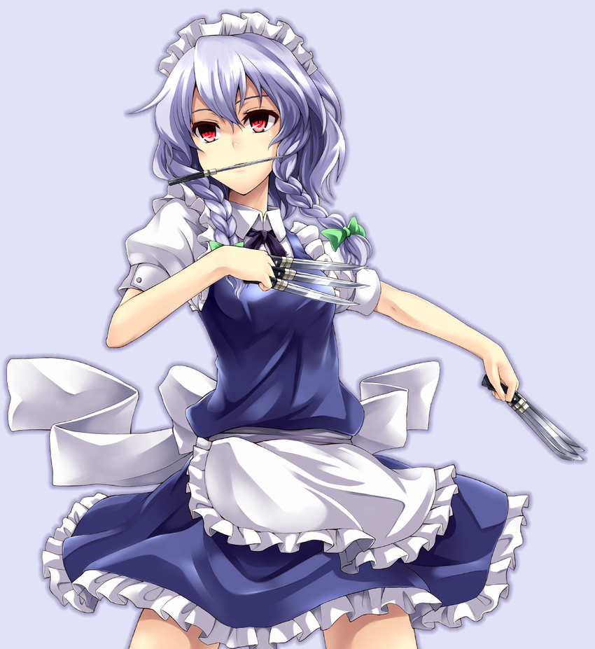 asu_hare bad_id bad_pixiv_id between_fingers braid highres izayoi_sakuya knife maid maid_headdress mouth_hold red_eyes silver_hair simple_background solo touhou twin_braids weapon