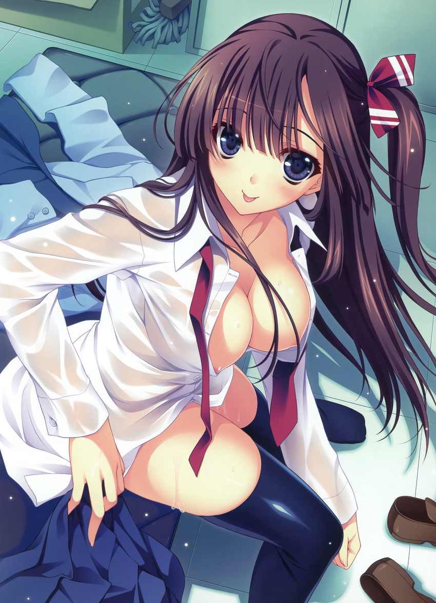 1girl :p absurdres areolae black_hair blazer blue_eyes blush breasts cleavage collarbone dengeki_moeoh dengeki_moeou from_above highres holding_skirt large_breasts loafers long_hair looking_up necktie nipple_slip nipples no_bra no_shoes open_clothes open_shirt original pleated_skirt riv shirt shoes shoes_removed side_ponytail sitting skindentation skirt skirt_removed solo thighhighs tongue tongue_out undressing wet