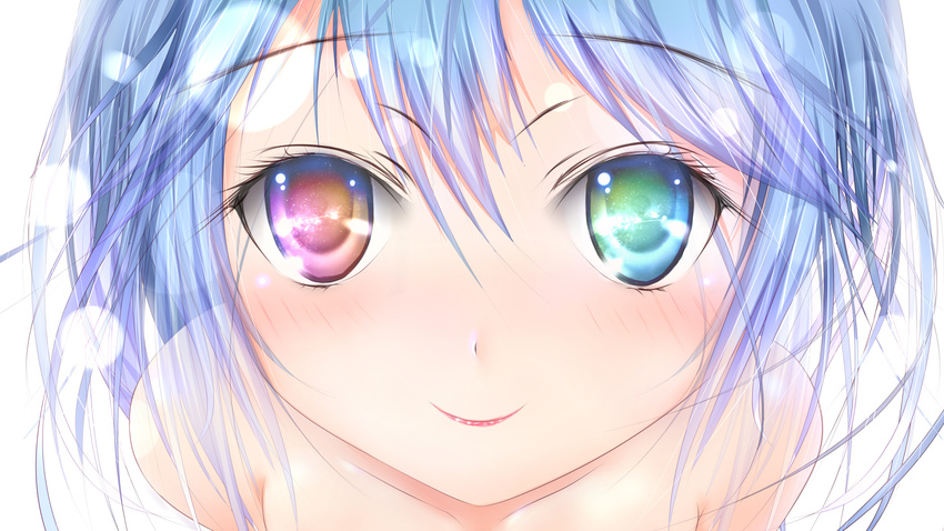 absurdres bare_shoulders blue_hair close-up closed_mouth denpa_onna_to_seishun_otoko eyes face garyljq heterochromia highres lips reflection smile solo space touwa_erio