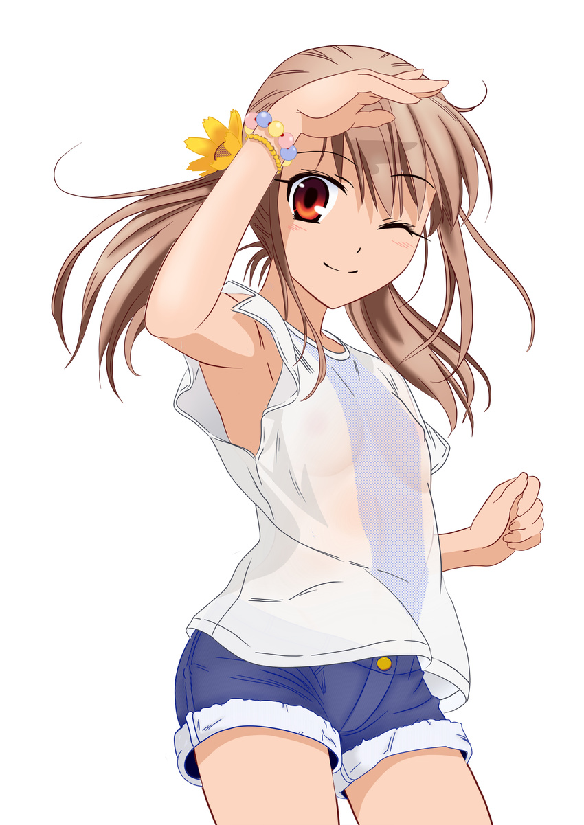 armpits bracelet brown_hair denim denim_shorts fate/kaleid_liner_prisma_illya fate_(series) flower highres hiroyama_hiroshi illyasviel_von_einzbern jewelry no_bra one_eye_closed shorts solo source_request transparent_background vector_trace