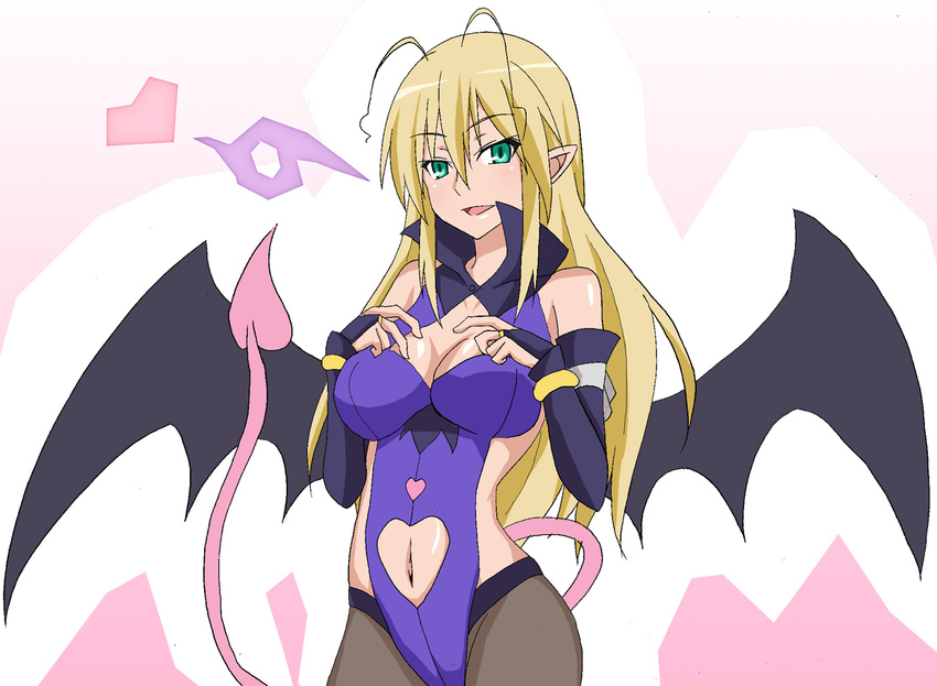 1girl artist_request blonde_hair blush breasts character_request cleavage demon_girl demon_tail demon_wings gloves green_eyes heart jumon large_breasts long_hair lotte_no_omocha! mercelida_ygvar milf naughty_face navel navel_cutout pantyhose pointy_ears smile solo succubus tail widescreen wings