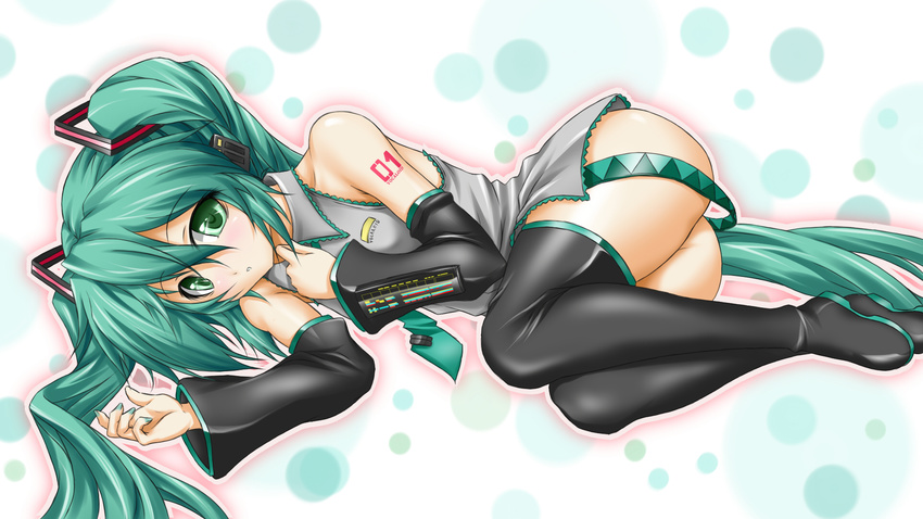 aqua_hair bare_shoulders boots detached_sleeves green_eyes hatsune_miku highres long_hair lying nail_polish necktie no_pants on_side roura solo thigh_boots thighhighs twintails very_long_hair vocaloid
