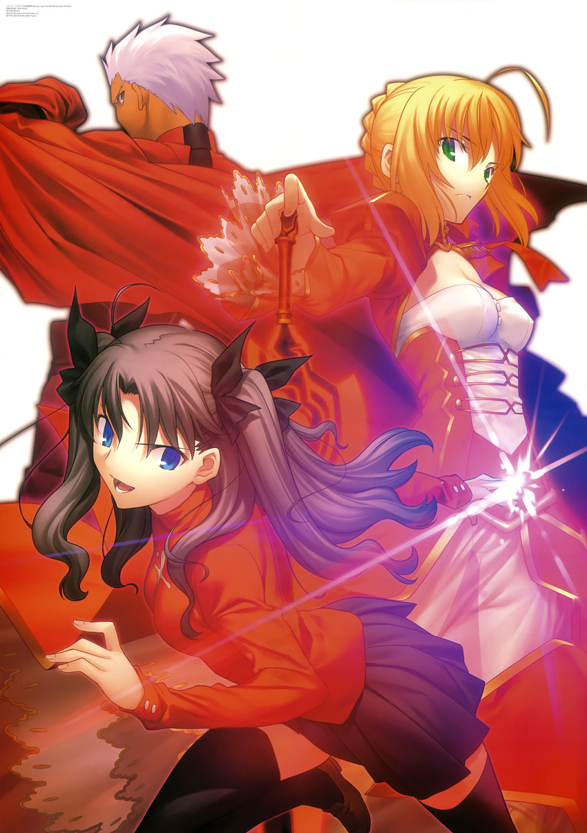 2girls :d absurdres ahoge archer black_hair black_legwear black_ribbon black_skirt blonde_hair blue_eyes breasts cape cleavage dark_skin dress fate/extra fate/stay_night fate_(series) green_eyes hair_between_eyes hair_ribbon highres long_hair looking_at_viewer looking_back medium_breasts multiple_girls nero_claudius_(fate) nero_claudius_(fate)_(all) open_mouth panties pleated_skirt red_sweater ribbon see-through short_hair silver_hair simosi simple_background skirt smile spiked_hair sweater sword takeuchi_takashi thighhighs toosaka_rin twintails underwear weapon white_background white_panties zettai_ryouiki