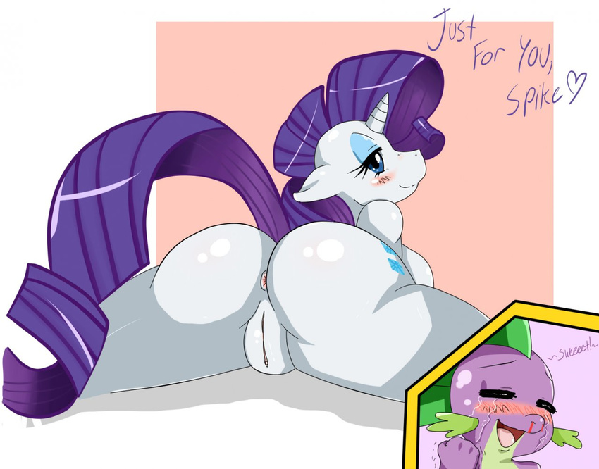 anthro anus blush breasts crying english_text equine friendship_is_magic horse my_little_pony nosebleed presenting purple_hair pussy raised_tail rarity_(mlp) spike_(mlp) sssonic2 tail