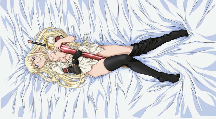1girl bed blonde_hair blue_eyes blush breasts cleavage feet highres jpeg_artifacts long_hair octavia octavia_(tears_to_tiara) open_clothes open_shirt shirt solo sword tears_to_tiara thighhighs weapon
