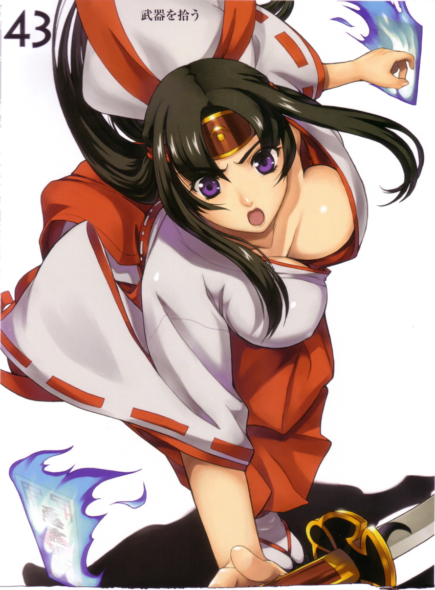 absurdres black_hair breasts downblouse eiwa hakama headband highres japanese_clothes large_breasts miko ofuda open_mouth purple_eyes queen's_blade red_hakama ribbon-trimmed_sleeves ribbon_trim solo tomoe