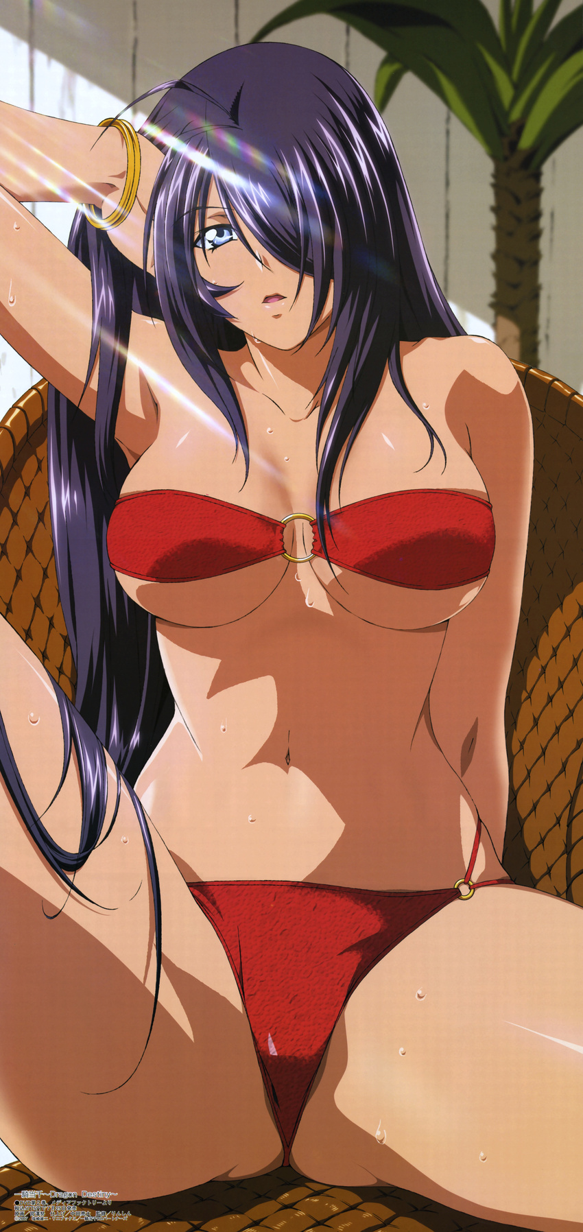 absurdres antenna_hair bandeau bikini black_hair blue_eyes bracelet breasts hair_over_one_eye highres ikkitousen ikkitousen_dragon_destiny jewelry kan'u_unchou large_breasts long_hair megami miyazawa_tsutomu sitting solo spread_legs sweat swimsuit underboob