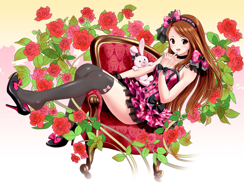 armchair black_legwear blush bow brown_eyes brown_hair chair dress finger_to_mouth flower frills gathers hairband high_heels idolmaster idolmaster_(classic) lolita_fashion long_hair minase_iori open_mouth over-kneehighs plaid ponnetsu red_flower red_rose rose shoe_dangle shoes smile solo stuffed_animal stuffed_bunny stuffed_toy thighhighs