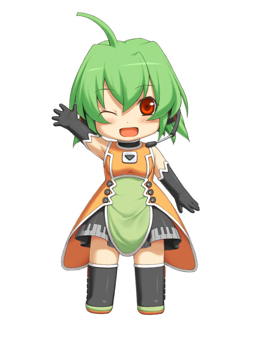 ahoge boots chibi fl-chan fl_studio full_body green_hair headphones headset highres one_eye_closed orange_eyes piano_print solo transparent_background uruido