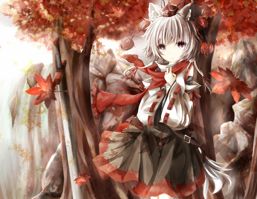 animal_ears autumn detached_sleeves hat inubashiri_momiji leaf maple_leaf red_eyes short_hair skirt solo sword tail tokin_hat touhou tree umagenzin weapon white_hair wolf_ears wolf_tail