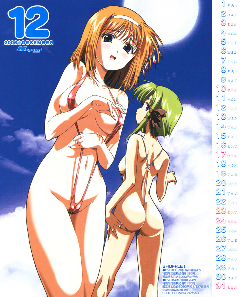 2girls :o arm_behind_back ass back bangs blue_eyes blush bow breasts breasts_apart calendar_(medium) cameltoe cloud dated day december embarrassed fingernails from_behind from_below fuyou_kaede green_hair groin hair_bow hair_ribbon hairband hand_on_thigh hands highres hosoda_naoto kneepits leaning long_fingernails looking_at_viewer looking_back looking_down medium_breasts megami multiple_girls navel official_art one-piece_swimsuit one-piece_thong open_mouth orange_hair outdoors pinky_out ribbon scan shadow shigure_asa short_hair shuffle! sideboob sidelocks skindentation sky slingshot_swimsuit standing sun swimsuit thigh_gap thighs tress_ribbon