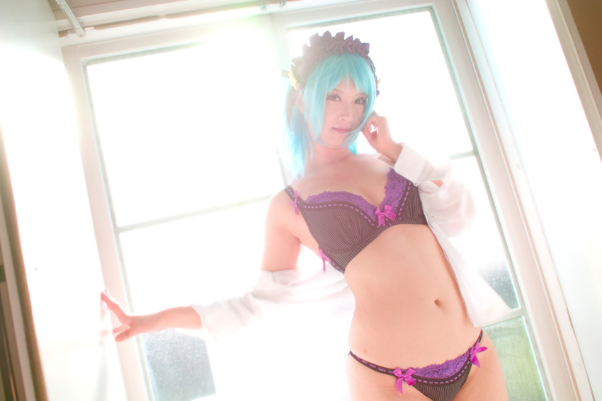 asian black_bra black_panties blue_hair bra cosplay demon_girl kurono_kurumu kuruno_kurumu kuruno_kurumu_(cosplay) lingerie navel open_clothes open_shirt panties photo real rosario+vampire shirt snow_flakes succubus thighs underwear