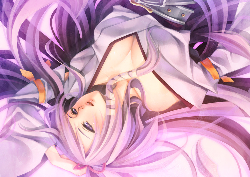 bare_shoulders breasts cleavage copyright_request highres japanese_clothes medium_breasts momoi_komomo purple_eyes purple_hair solo upside-down