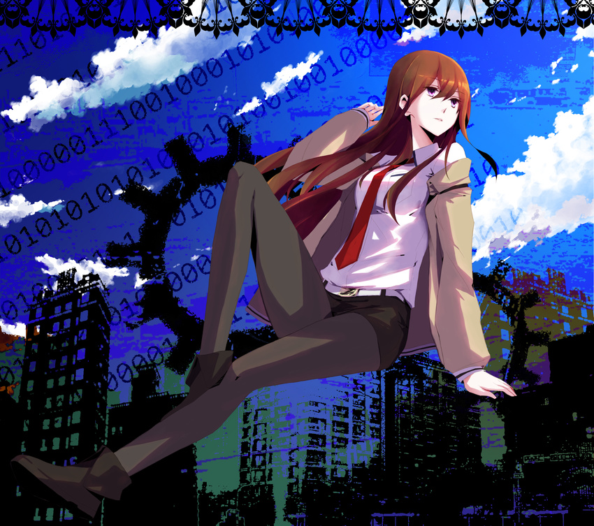 boots brown_hair cloud day highres jacket kikyoneko legs legwear_under_shorts long_hair long_legs makise_kurisu necktie pantyhose purple_eyes red_neckwear shorts sky solo steins;gate thighs