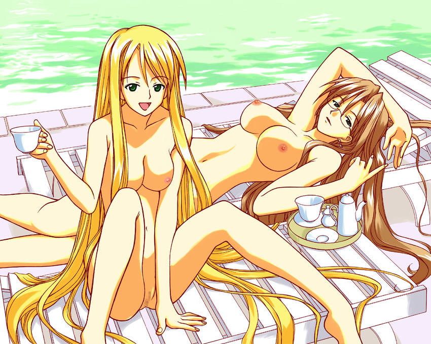 1280x1024 2girls akamatsu_ken blonde_hair brown_eyes brown_hair censored cup earrings glasses green_eyes jewelry long_hair mahou_sensei_negima mahou_sensei_negima! minamoto_shizuna multiple_girls naked nude nude_filter nudist photoshop very_long_hair wallpaper water yukihiro_ayaka