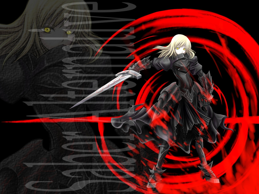 armor armored_dress artoria_pendragon_(all) black_armor blonde_hair dark_excalibur dark_persona dress fate/stay_night fate_(series) faulds gauntlets painfultree saber_alter solo yellow_eyes zoom_layer