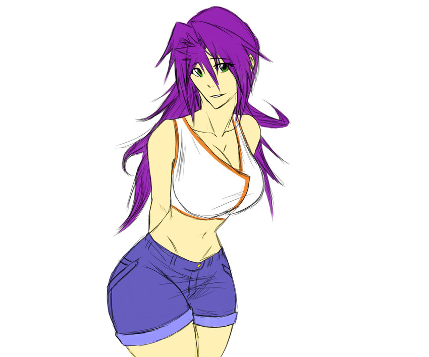 arms_behind_back big_breasts big_thighs breasts cleavage clothed clothing cutoffs denim_shorts female green_eyes hair hi_res human humanized jeans long_hair looking_at_viewer mammal not_furry plain_background purple_hair shorts sleeveless smile solo standing unknown_artist white_background wide_hips