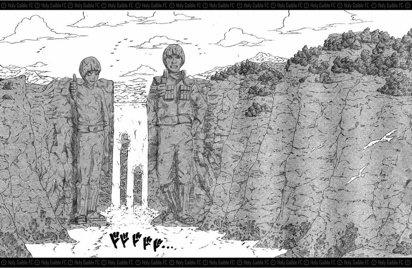 bird cloud forest greyscale jacket might_guy monochrome monument multiple_boys naruto naruto_(series) nature no_humans one_eye_closed rock rock_lee sashun08 scenery short_hair sky smile source_request thumbs_up water waterfall wood