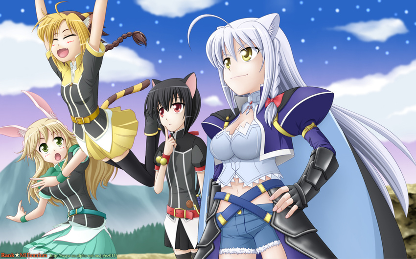 1920x1200 ahoge animal_ears armor black_hair black_legwear black_thighhighs blonde_hair braid breasts bunny_ears cape cat_ears cat_tail cleavage cloud clouds denim denim_shorts dog_days eyes_closed green_eyes hand_on_hip highres hips jaune_clafoutis jumping leonmitchelli_galette_des_rois long_hair midriff multiple_girls noir_vinocacao open_mouth red_eyes short_hair shorts silver_hair skirt sky smile tail thighhighs vert vert_farbreton wallpaper yellow_eyes zettai_ryouiki