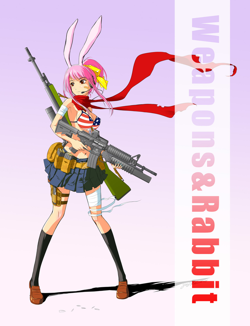 american_flag_bikini animal_ears assault_rifle bandages bandaid battle_rifle bikini bikini_top bunny_ears fake_animal_ears flag_print gongke198474 grenade_launcher gun handgun headset highres m14 m1911 m203 m4_carbine magazine_(weapon) original pistol rifle scarf solo swimsuit underbarrel_grenade_launcher weapon