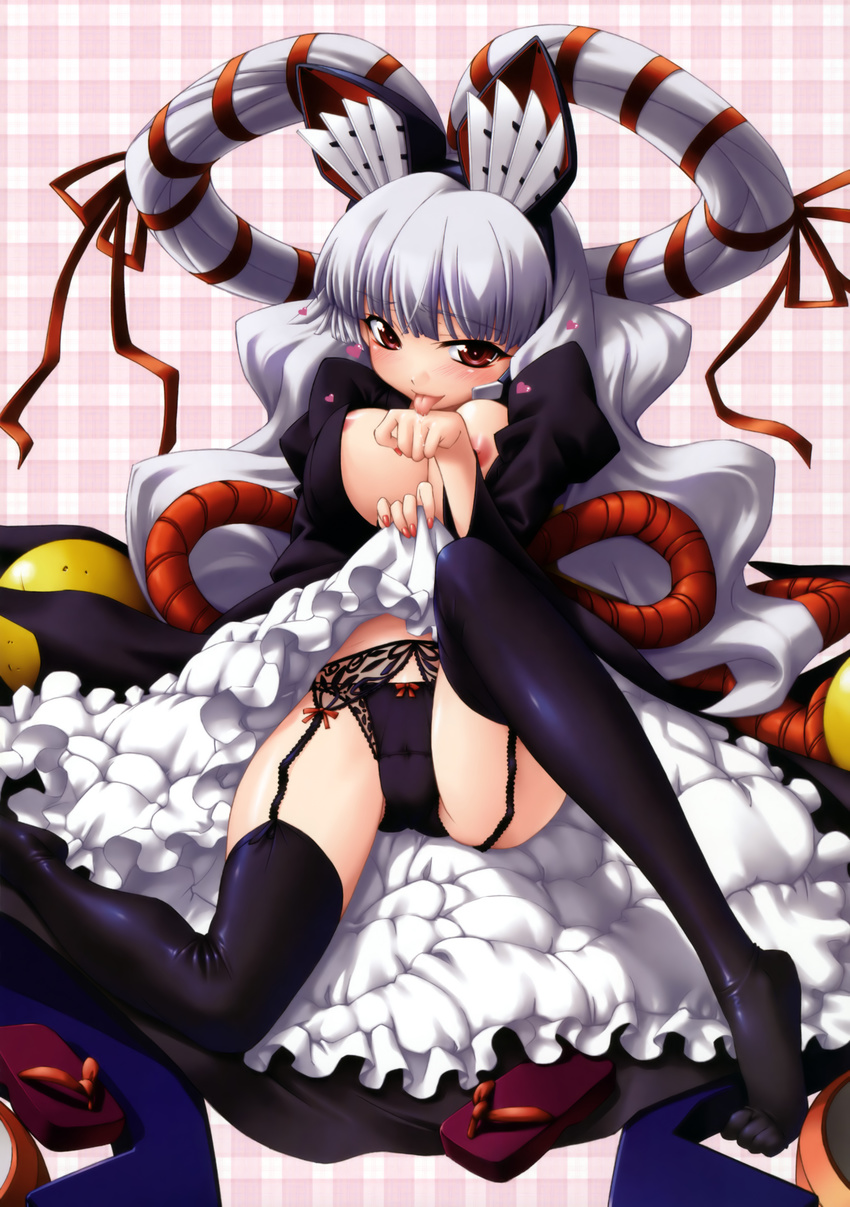 areolae cleavage eternal feet garter_belt mikoshi_matsuri nega0 nipple_slip nipples no_bra open_shirt oppai positive_one scanning_resolution skirt_lift stockings thighhighs