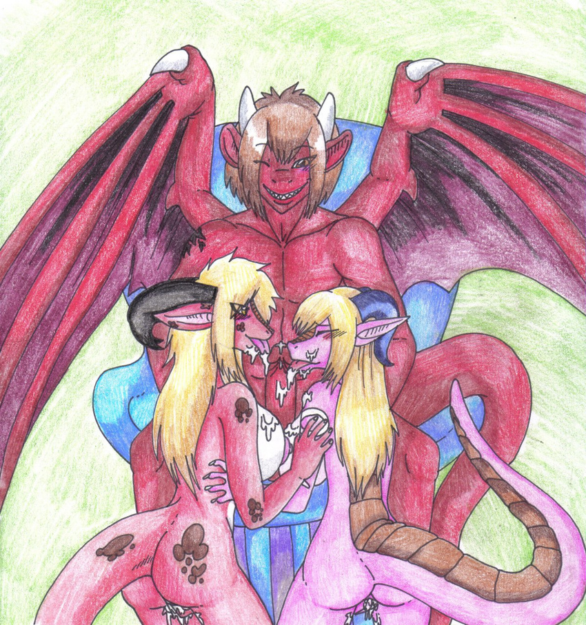 blonde_hair blush breasts butt coral_dragon_(character) demonnyuu demonyuu double_fellatio dragon fellatio female group group_sex hair horn horns kneeling licking male nude oral oral_sex penis plain_background pussy pyron red_dragon scalie sex spots_(character) straight teamwork threesome tongue white_background wings