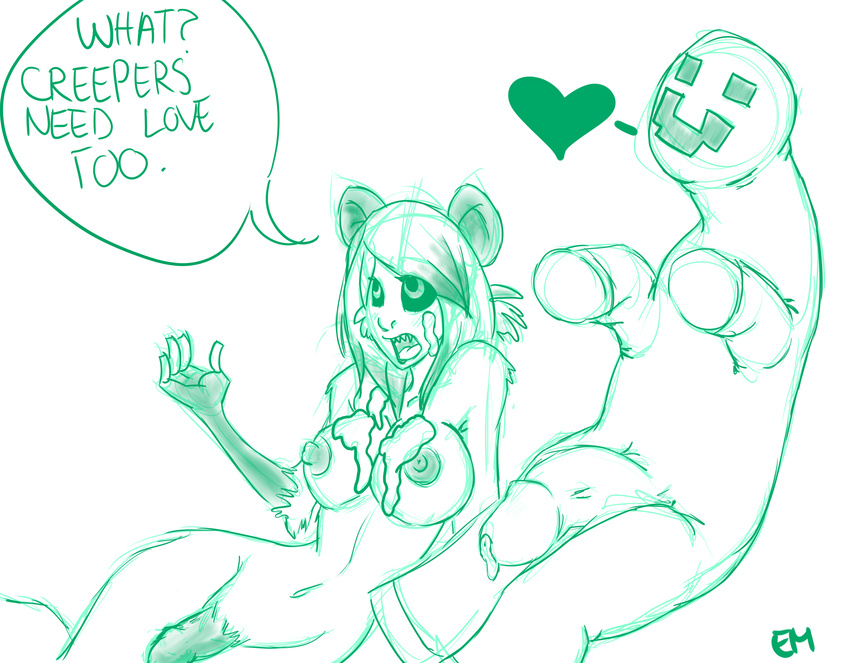 &hearts; ? anthro breasts creeper em emery green_and_white green_and_white_theme herm intersex mammal marsupial minecraft monochrome nipples opossum penis plain_background possum sketch video_games white_background