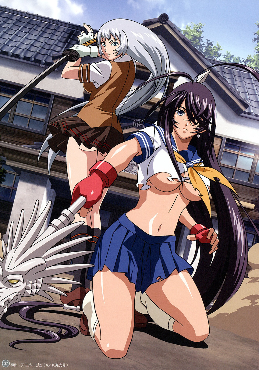 antenna_hair artbook ass back-to-back bangs black_legwear blue_eyes breasts building chouun_shiryuu cloud crop_top day dragon dust dutch_angle earrings fighting_stance fingerless_gloves foreshortening from_behind gloves hair_over_breasts hair_over_one_eye hair_tubes high_heels highres ikkitousen ikkitousen_dragon_destiny itou_yuuki jewelry kan'u_unchou katana kneehighs kneeling large_breasts loafers long_hair loose_socks magatama midriff miniskirt multiple_girls navel necktie no_bra no_panties non-web_source official_art on_ground outdoors outstretched_arm pleated_skirt polearm ponytail purple_hair scan school_uniform serafuku shadow shirt shoes sidelocks silver_hair skirt skirt_lift sky socks spear spread_legs standing striped sword thigh_gap torn_clothes underboob upskirt very_long_hair weapon white_legwear wind wind_lift window