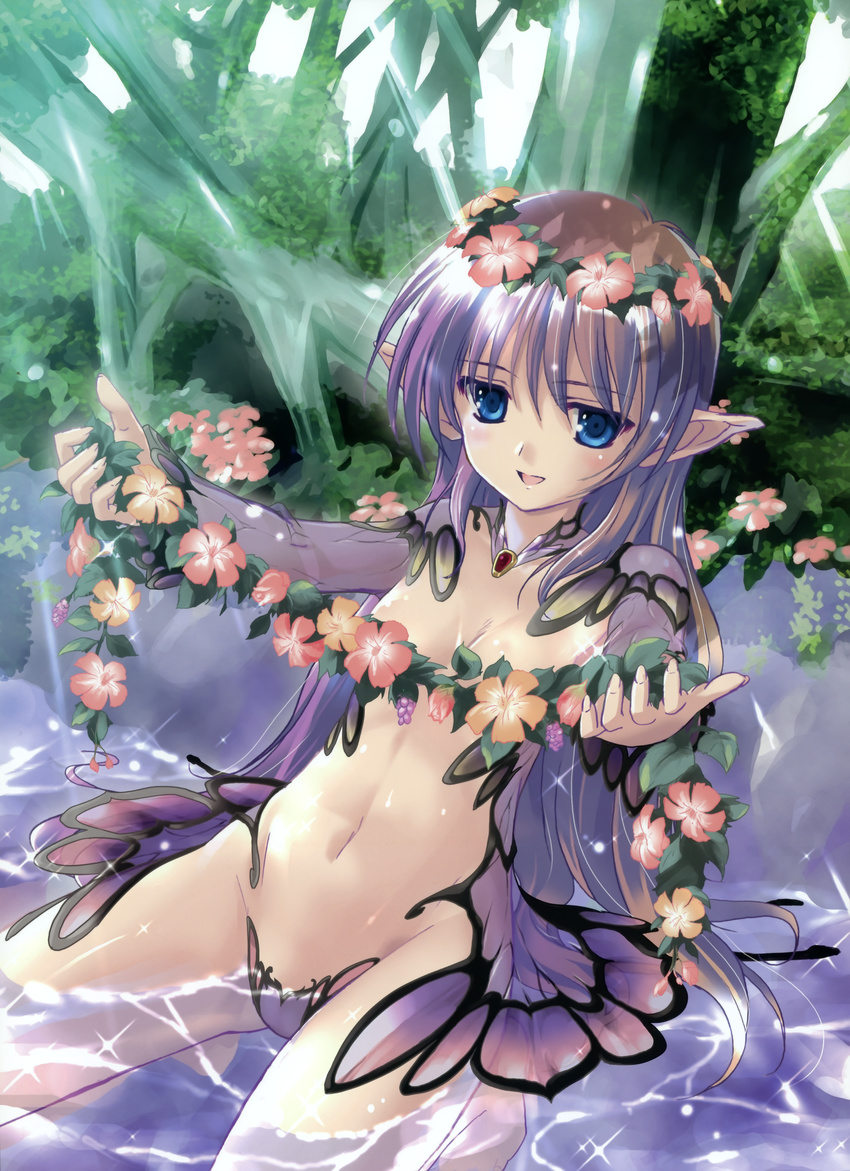 absurdres blue_eyes flower head_wreath highres huge_filesize komatsu_eiji navel original pointy_ears purple_hair solo wading water