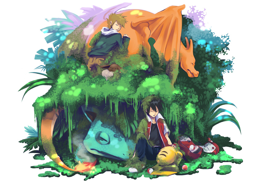 2boys charizard eevee green_(pokemon) highres multiple_boys ookido_green pikachu poke_ball pokemon red_(pokemon) sleeping venusaur