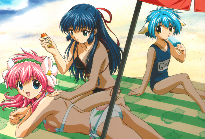 beach bikini blue_eyes blue_hair day flower galaxy_angel green_eyes karasuma_chitose milfeulle_sakuraba mint_blancmanche multiple_girls name_tag non-web_source one-piece_swimsuit pink_hair school_swimsuit swimsuit yellow_eyes