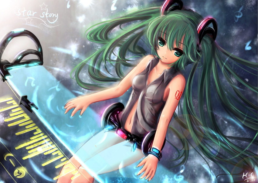 bad_id bad_pixiv_id green_eyes green_hair hatsune_miku hatsune_miku_(append) highres hologram long_hair navel necktie sitting solo twintails very_long_hair vocaloid vocaloid_append wangchuan_de_quanyan